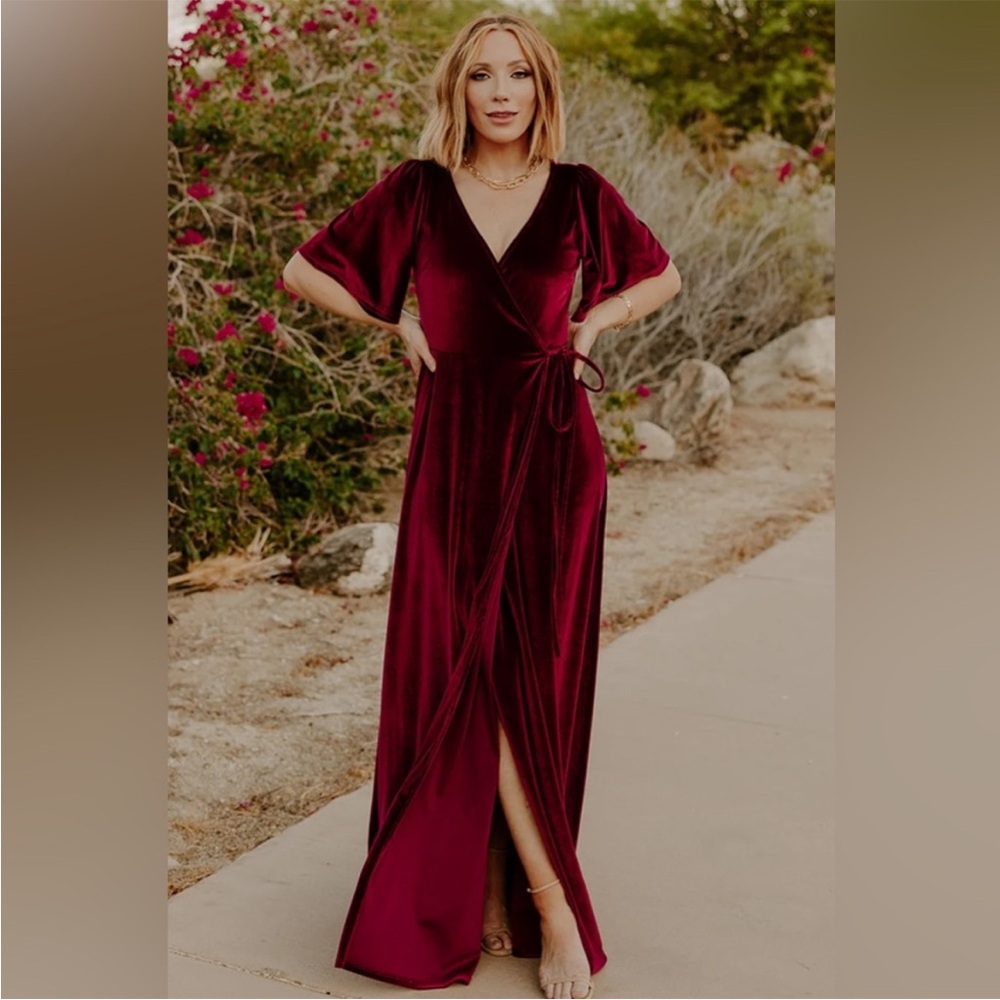 Baltic Born Red Wine color  Maxi Dress with V-Neck and Flutter Sleeves